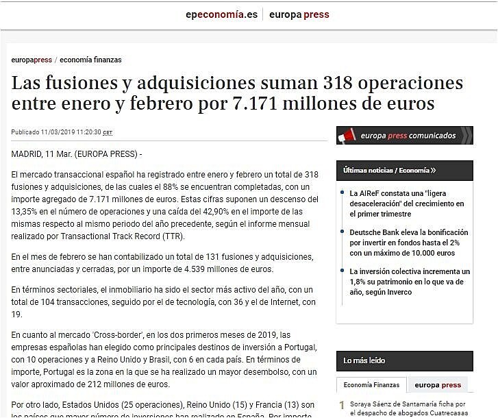 Las fusiones y adquisiciones suman 318 operaciones entre enero y febrero por 7.171 millones de euros